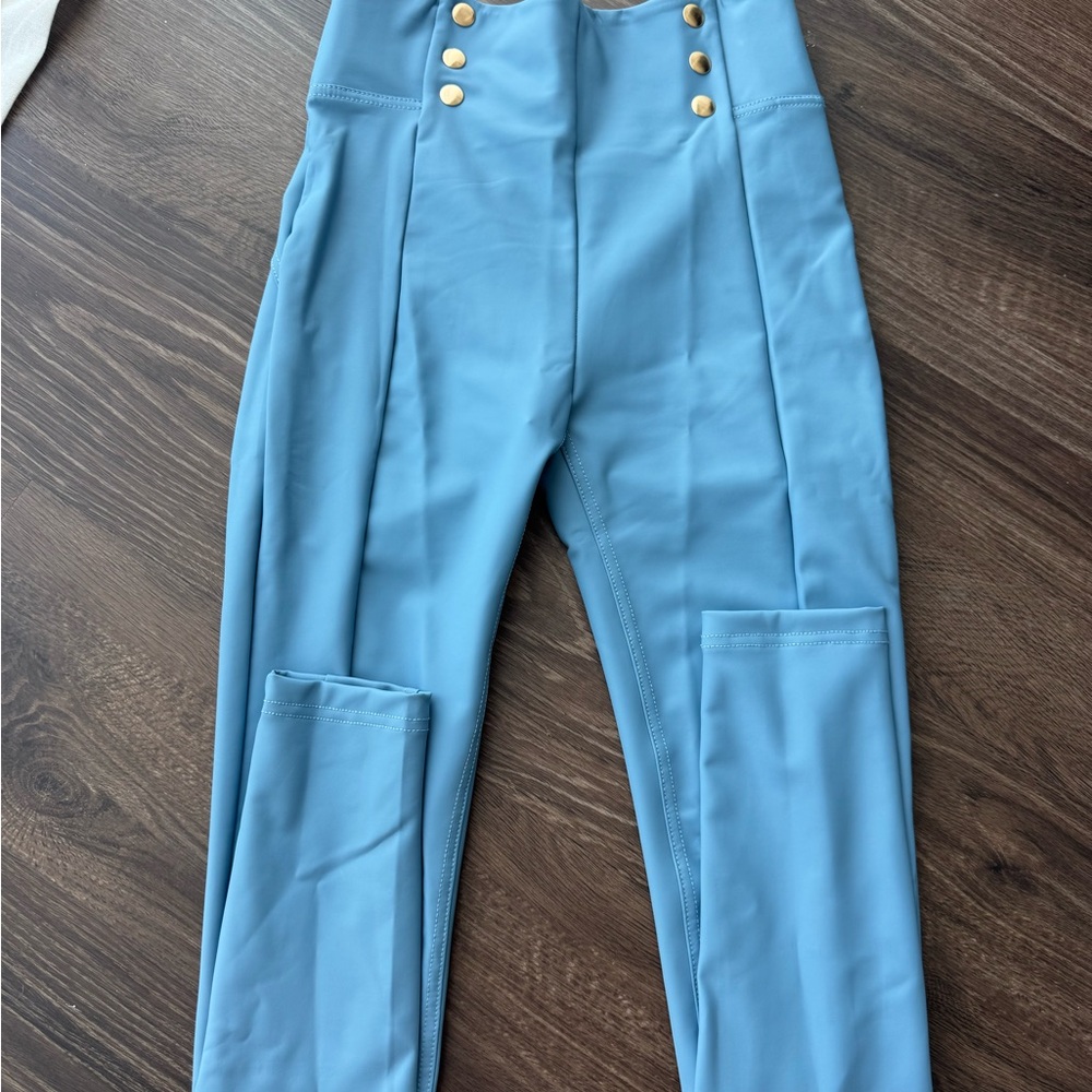 Stylish Faux leather Blue High-Waisted Pants